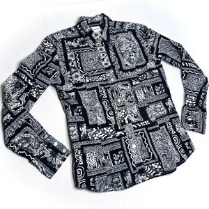 Chico's Monochrome Patchwork Women’s Collared Button-up Long Sleeve Shirt Floral